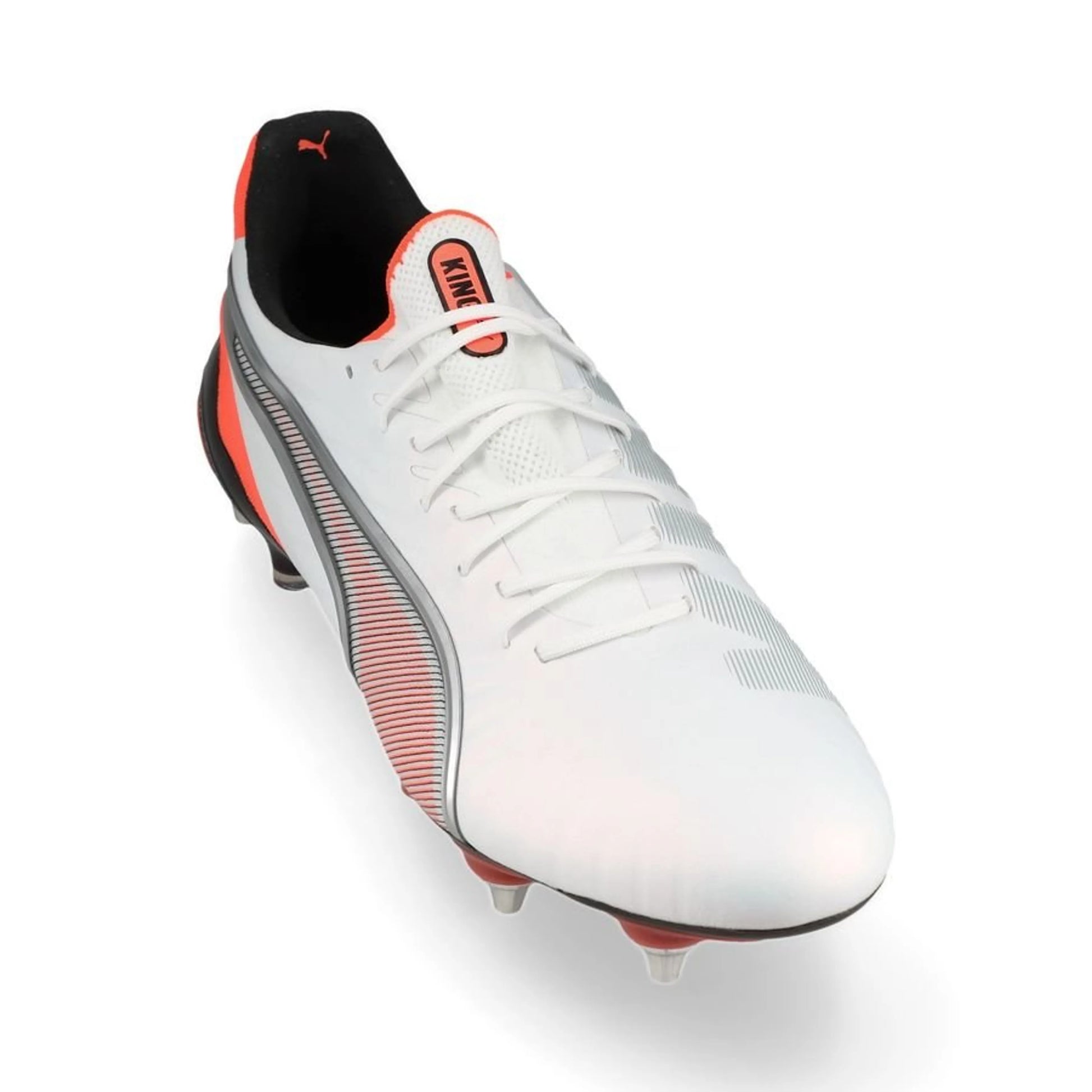 front view of the PUMA King Ultimate SG from the high-energy Untamed Pack in White/Red/Black