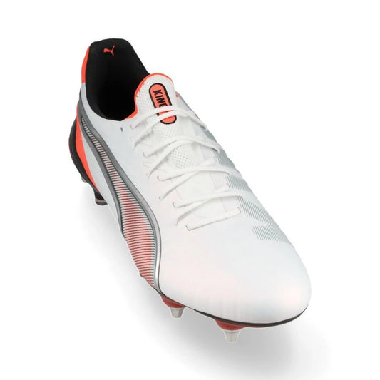 front view of the PUMA King Ultimate SG from the high-energy Untamed Pack in White/Red/Black