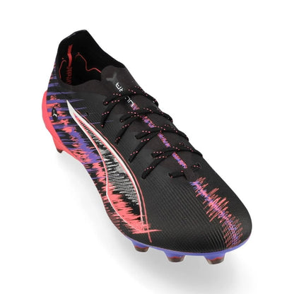 front view of the PUMA Ultra 5 Ultimate FG Formula 1 in Black/Dark Amethyst colorway