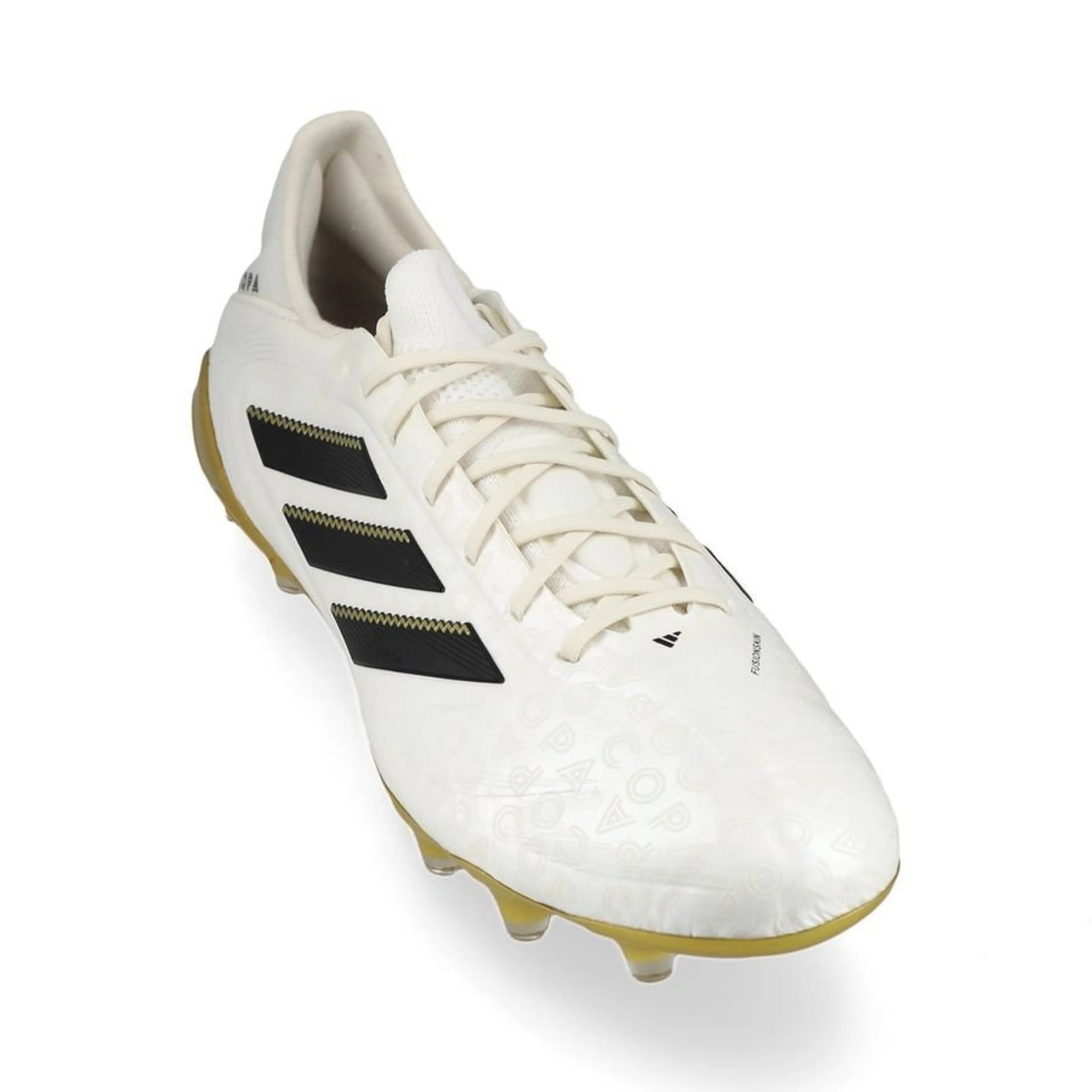 front view of the adidas Copa Pure Elite III FG "Road to Glory" Pack in a White/Black/Gold colorway 