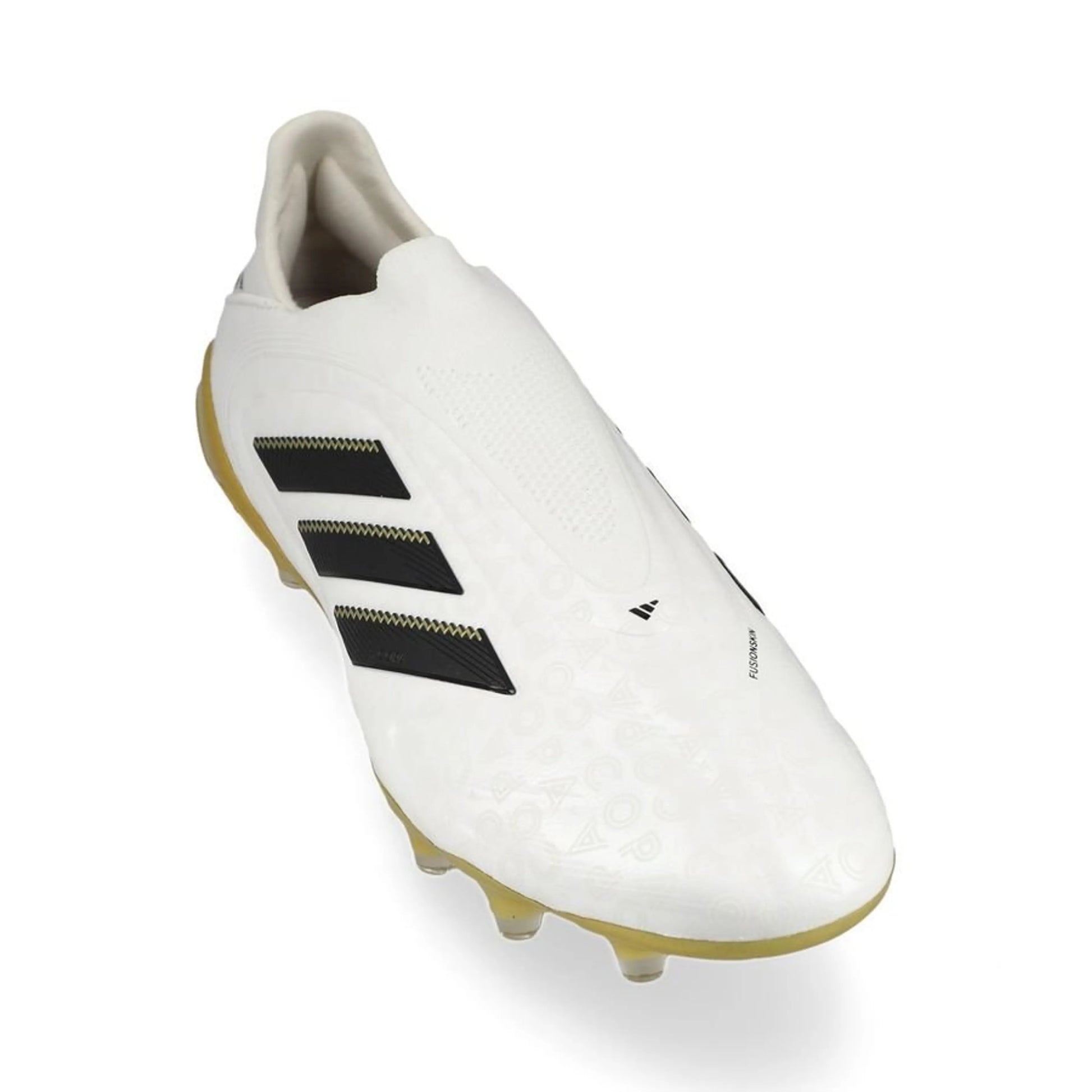 front view of the adidas Copa Pure Elite III Laceless FG "Road to Glory" pack in a White/Black/Gold colorway