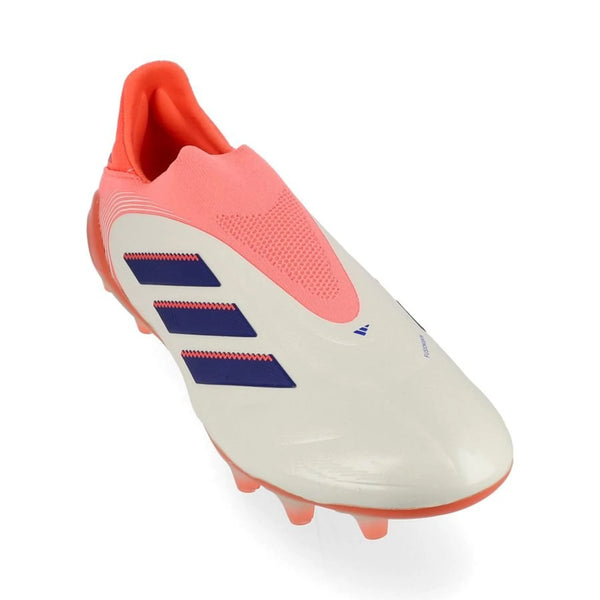 front view of the adidas Copa Pure Elite III Laceless FG in a Coral Blaze/Off White/Blue colorway