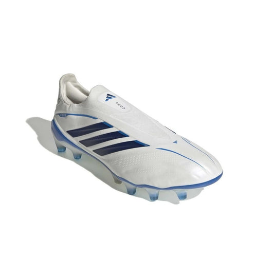 front view of the adidas Copa Pure IV Elite Laceless FG in White/Blue from the Chaos vs Control Pack