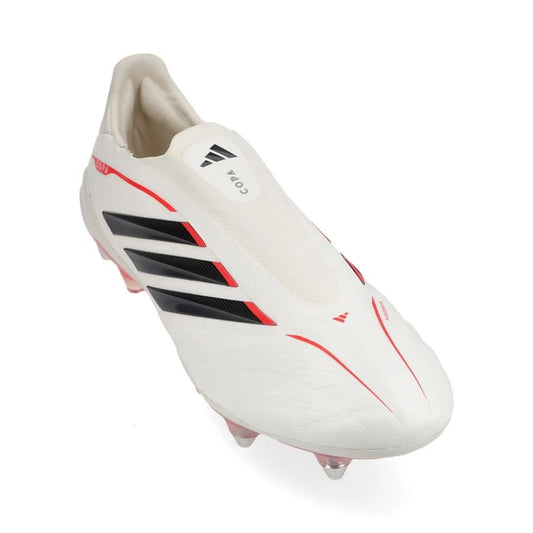 front view of the adidas Copa Pure IV Elite Laceless SG in Footwear White / Metallic / Black / Red (Born For Goals Pack)