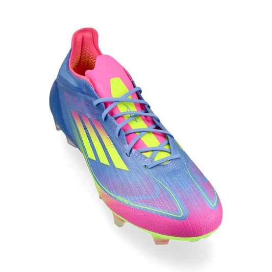 front view of the adidas F50 Elite FG "Celestial Victory" Pack in a Blue/Yellow/Pink colorway