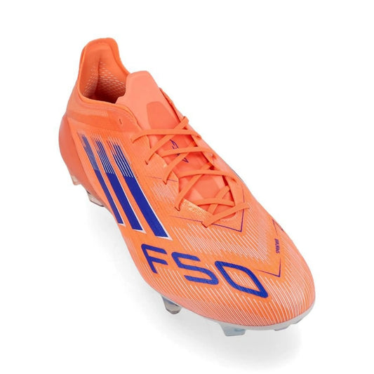 front view of the  adidas F50 Elite FG "Coral Blaze" Pack in an Orange/Blue colorway