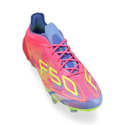 front view of the adidas F50 Elite FG "Mystic Victory" pack in Pink/Lemon/Blue colorway