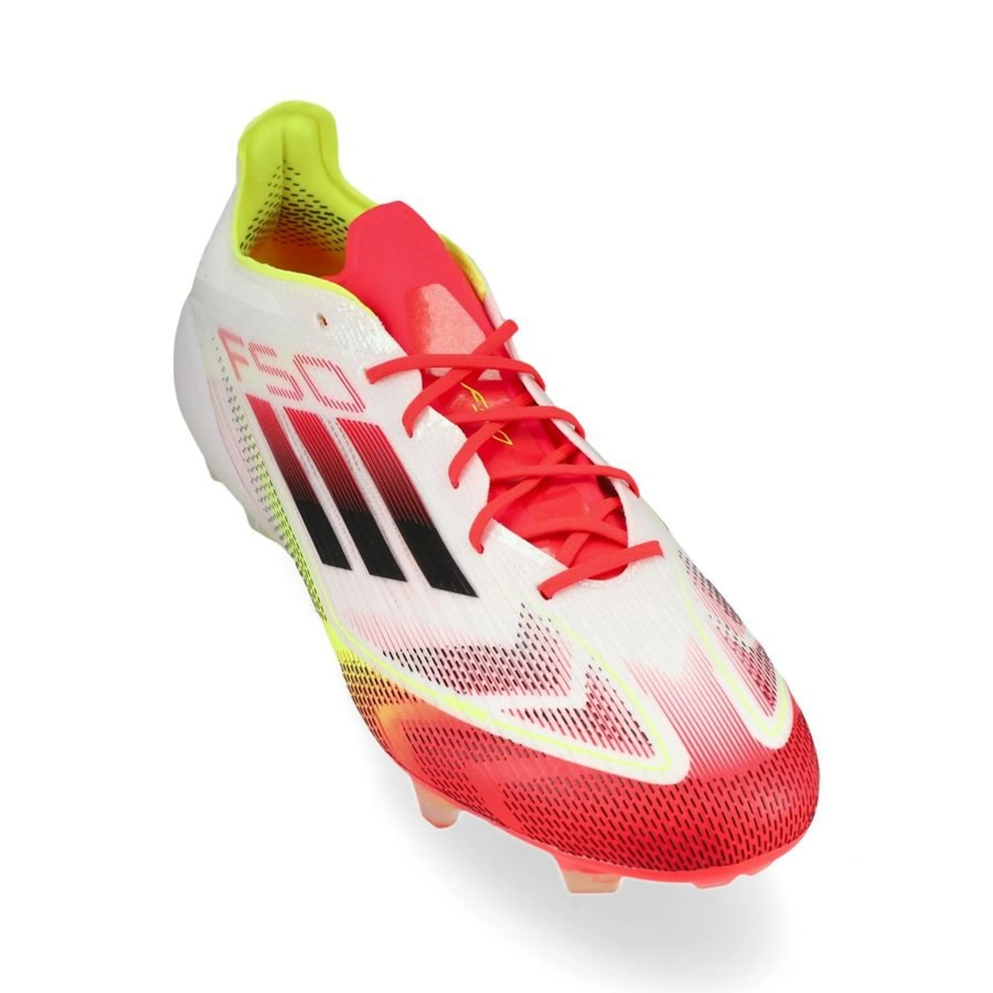 front view of the adidas F50 Elite FG "Pure Victory" pack in White/Black/Yellow colorway
