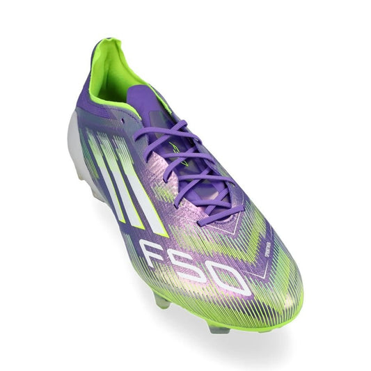 front view of the adidas F50 Elite FG "Radiant Blaze" pack Purple/White/Lemon colorway