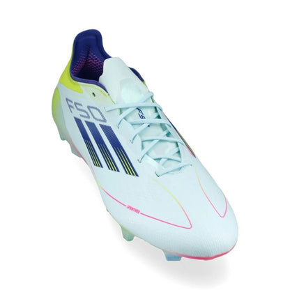 front view of the adidas F50 Elite FG "Stellar Icon" Pack in a Blue/Yellow/Red colorway