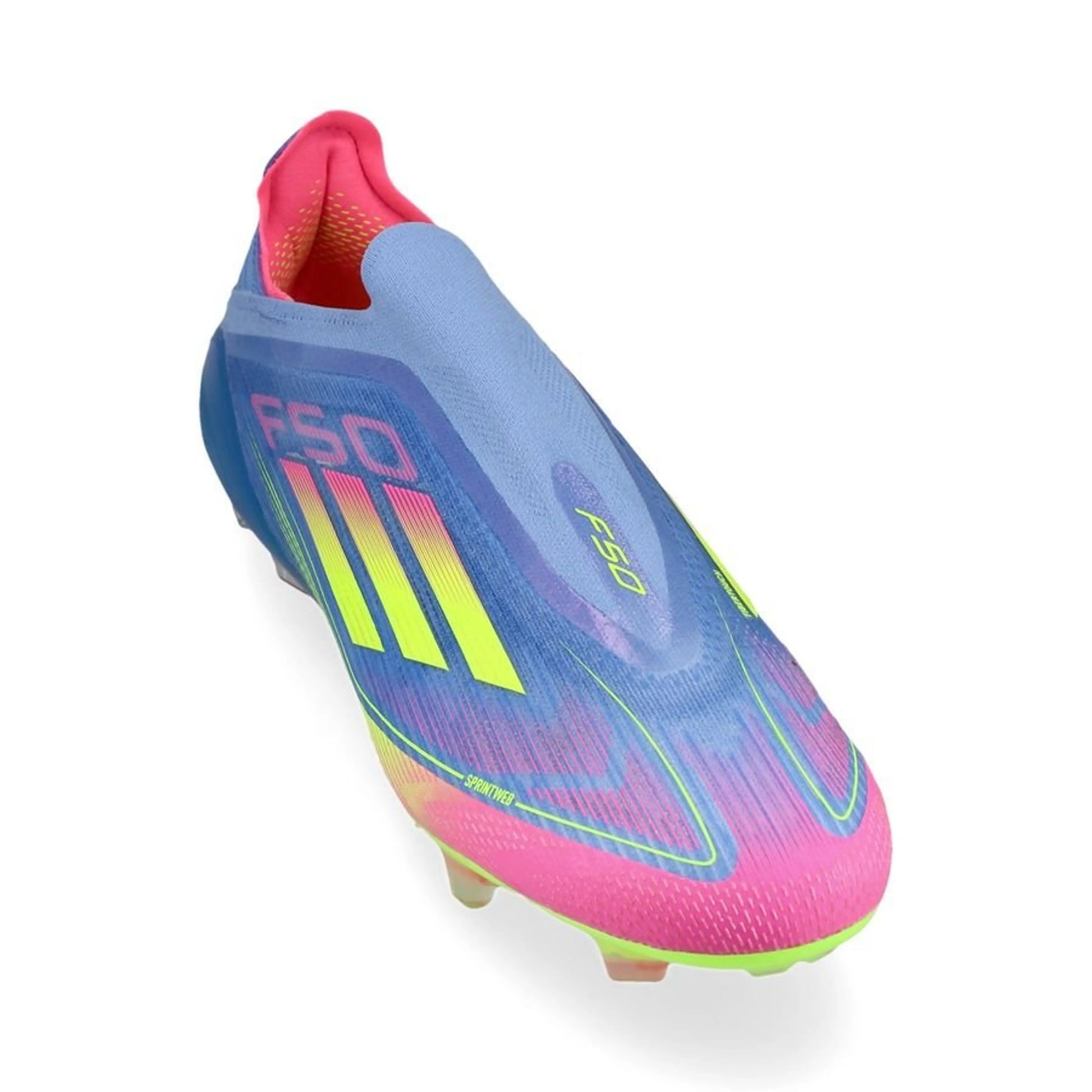 front view of the adidas F50 Elite Laceless FG "Celestial Victory" Pack in a Blue/Yellow/Pink colorway