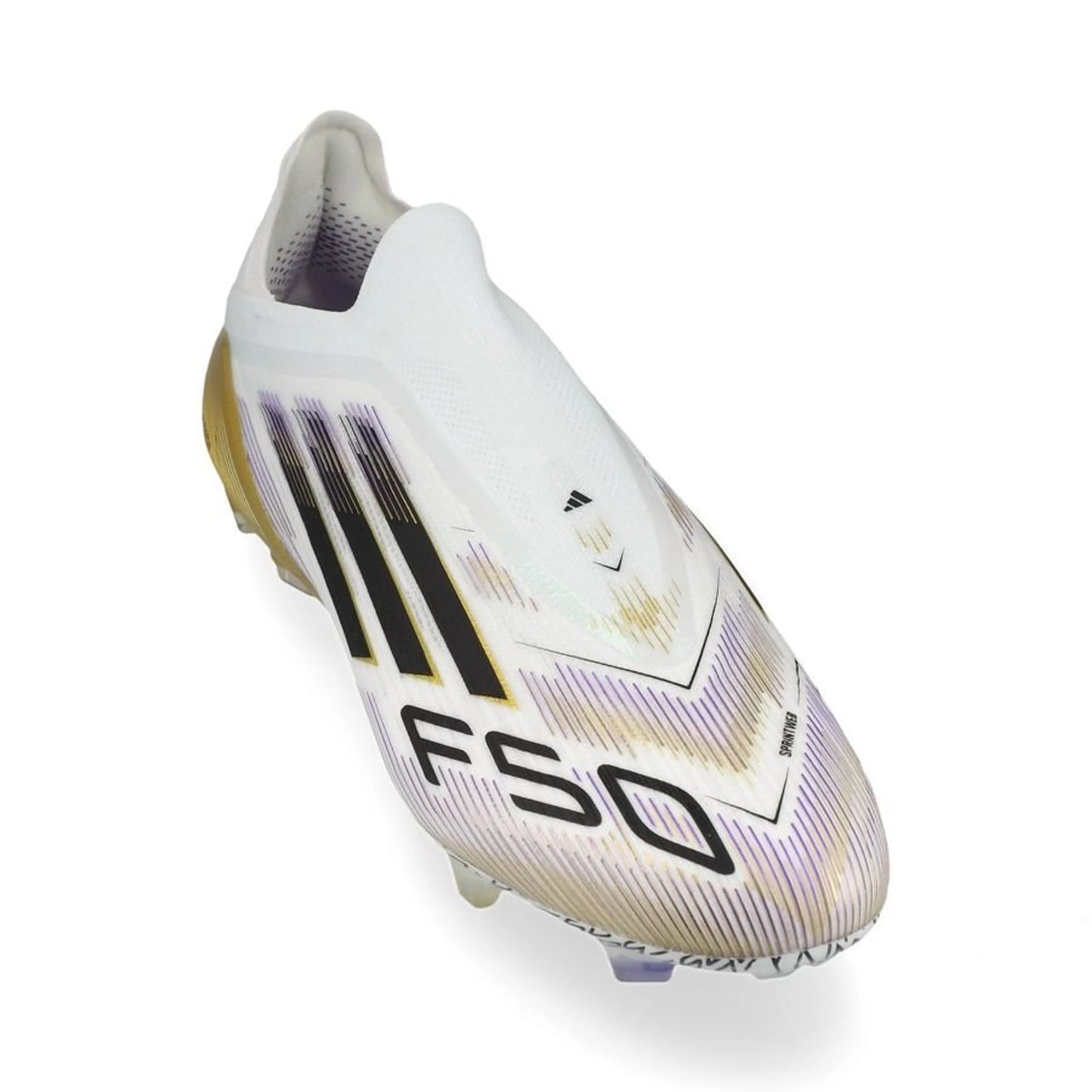 front view of the adidas F50 Elite Laceless FG "Road to Glory" Pack in a White/Black/Gold colorway