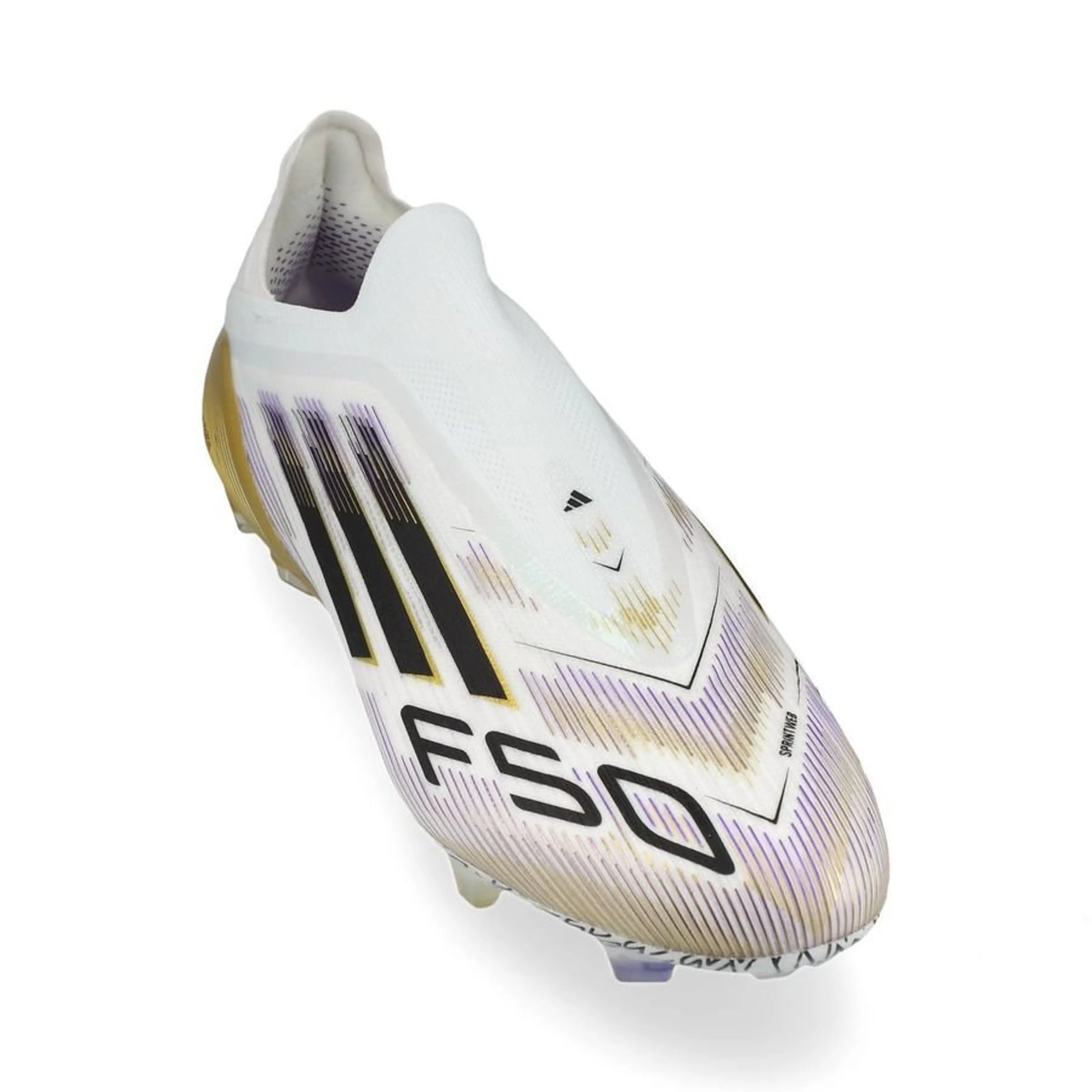 front view of the adidas F50 Elite Laceless FG "Road to Glory" Pack in a White/Black/Gold colorway