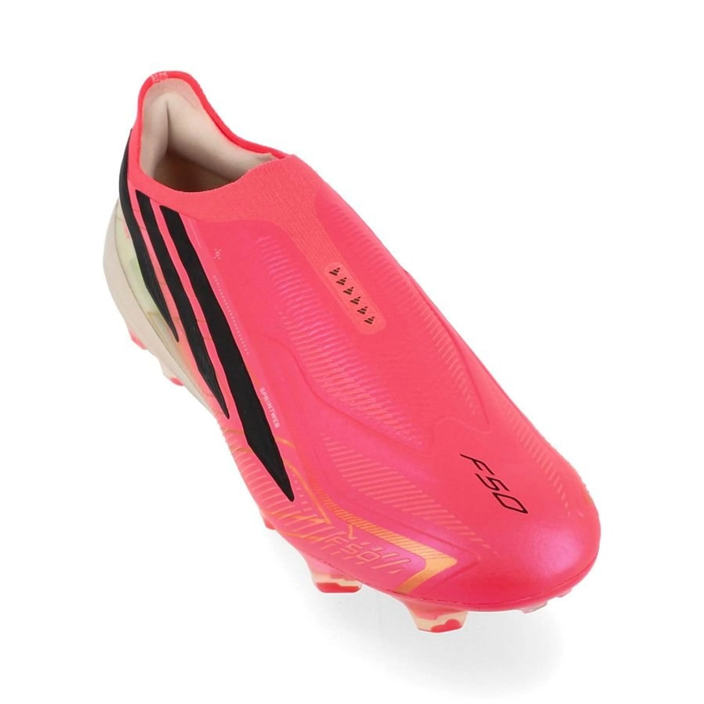 front view of the adidas F50 Hyperfast Elite Laceless FG in Solar Turbo / Core Black / Gold Metallic (Road to Glory Pack)