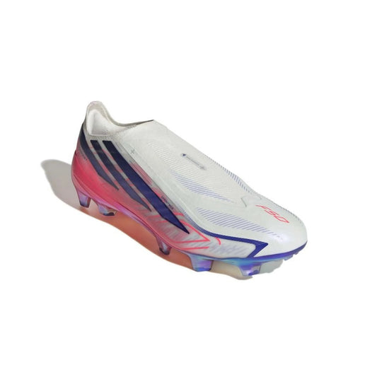 front view of the adidas F50 Hyperfast Elite Laceless FG in White/Pink from the Chaos vs Control Pack