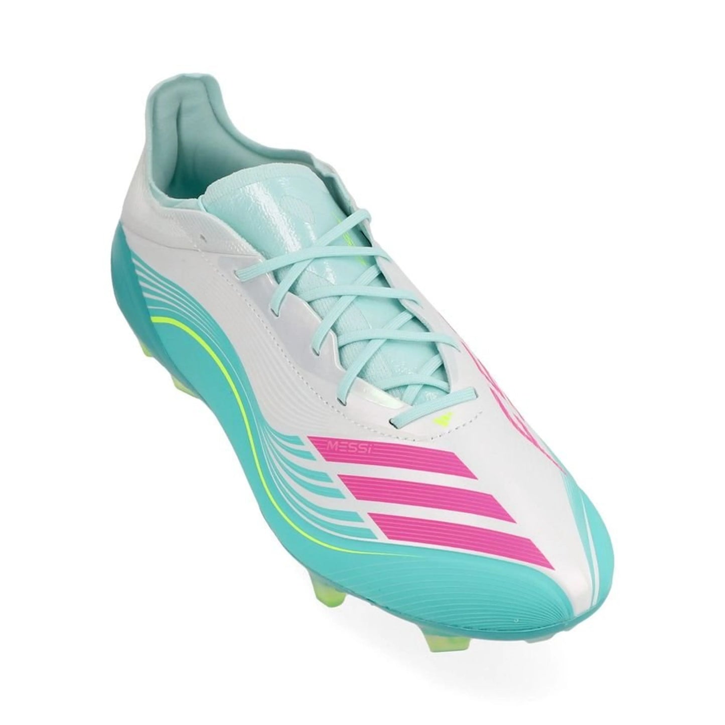 front view of the adidas F50 Messi Elite FG Aurora Radiante in a White/Pink/Aqua colorway