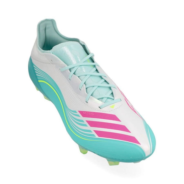 front view of the adidas F50 Messi Elite FG Aurora Radiante in a White/Pink/Aqua colorway