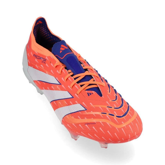 front view of the adidas Predator Elite FG "Coral Blaze" pack in a White/Orange colorway