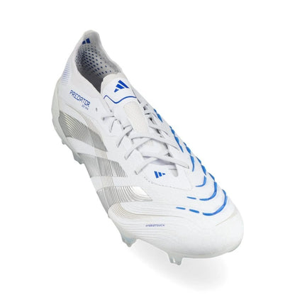front view of the adidas Predator Elite FG "Polar Victory Pack" in a White/Silver/Blue colorway