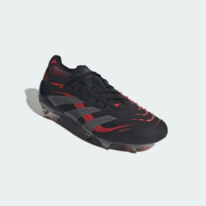front view of the adidas Predator Elite FG "Stealth Victory" pack in a Black/Red/Grey colorway