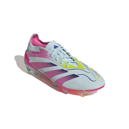 front view of the adidas Predator Elite FG "Stellar Icon" Pack in a White/Pink/Blue/Yellow colorway