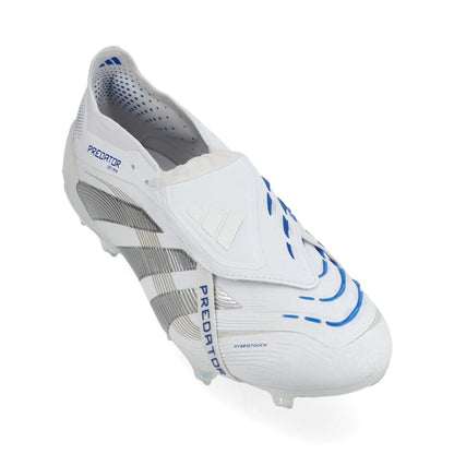 front view of the adidas Predator Elite Fold-over Tongue FG "Polar Victory Pack" in a White/Silver/Blue colorway