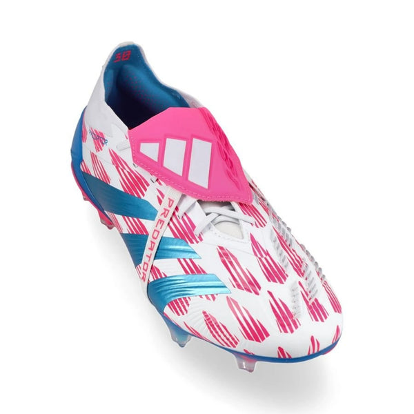 front view of the adidas Predator Elite Fold-over Tongue FG "Reemergence" Pack in a White/Pink/Blue colorway