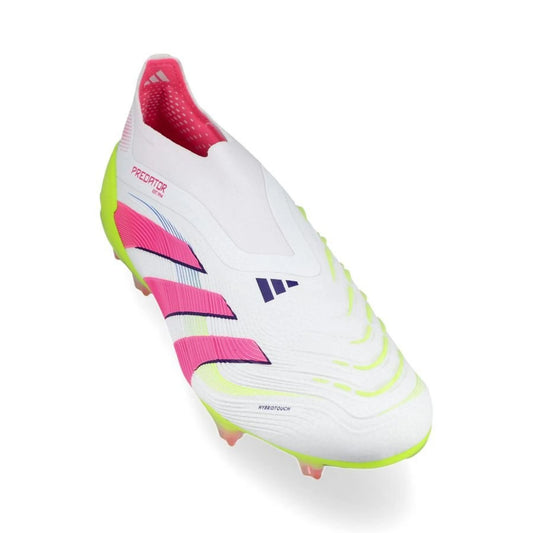 front view of the adidas Predator Elite Laceless FG "Celestial Victory" Pack in a White/Pink/Lemon colorway