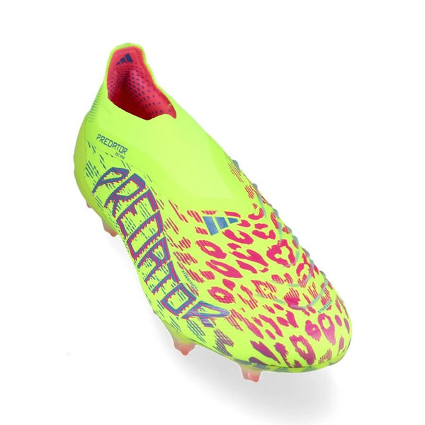front view of the adidas Predator Elite Laceless FG "Mystic Victory" pack Lemon/Pink/Blue colorway