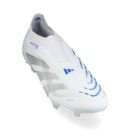 front view of the adidas Predator Elite Laceless FG "Polar Victory Pack" in a White/Silver/Blue colorway