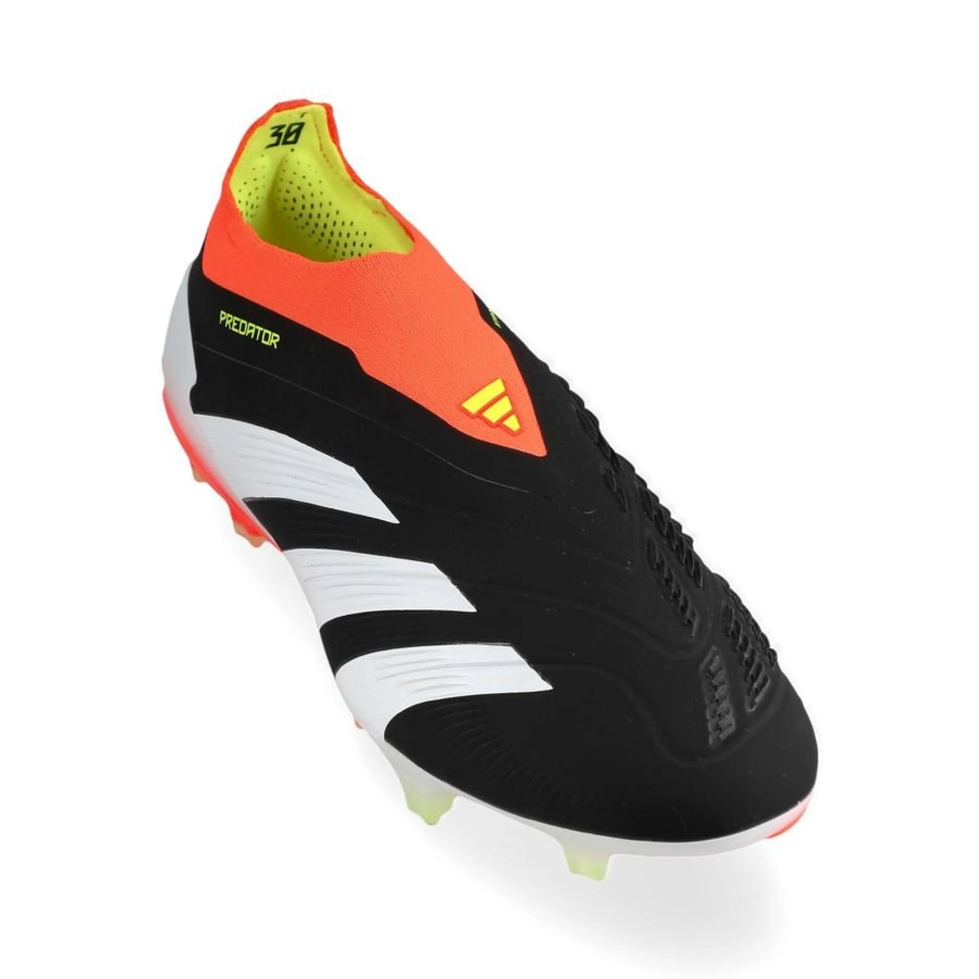 front view of the adidas Predator Elite Laceless FG "Solar Energy" pack in Black/White/Red colorway