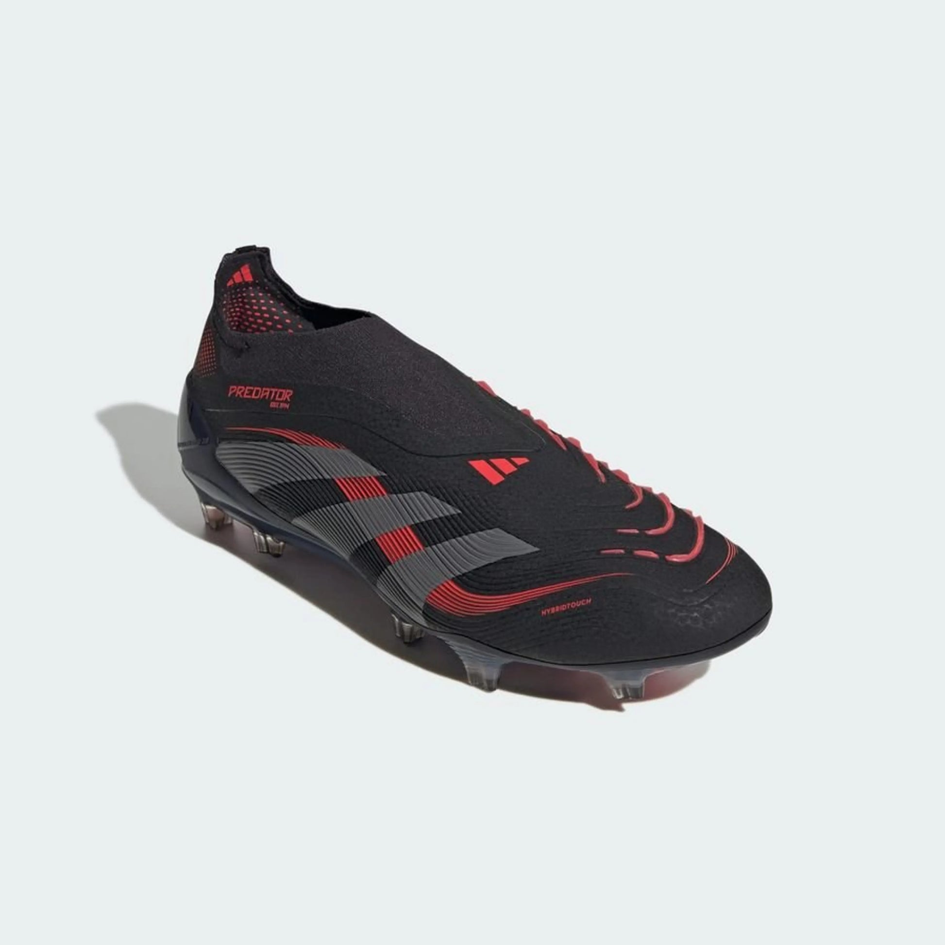 front view of the adidas Predator Elite Laceless FG "Stealth Victory" pack in a Black/Red/Grey colorway