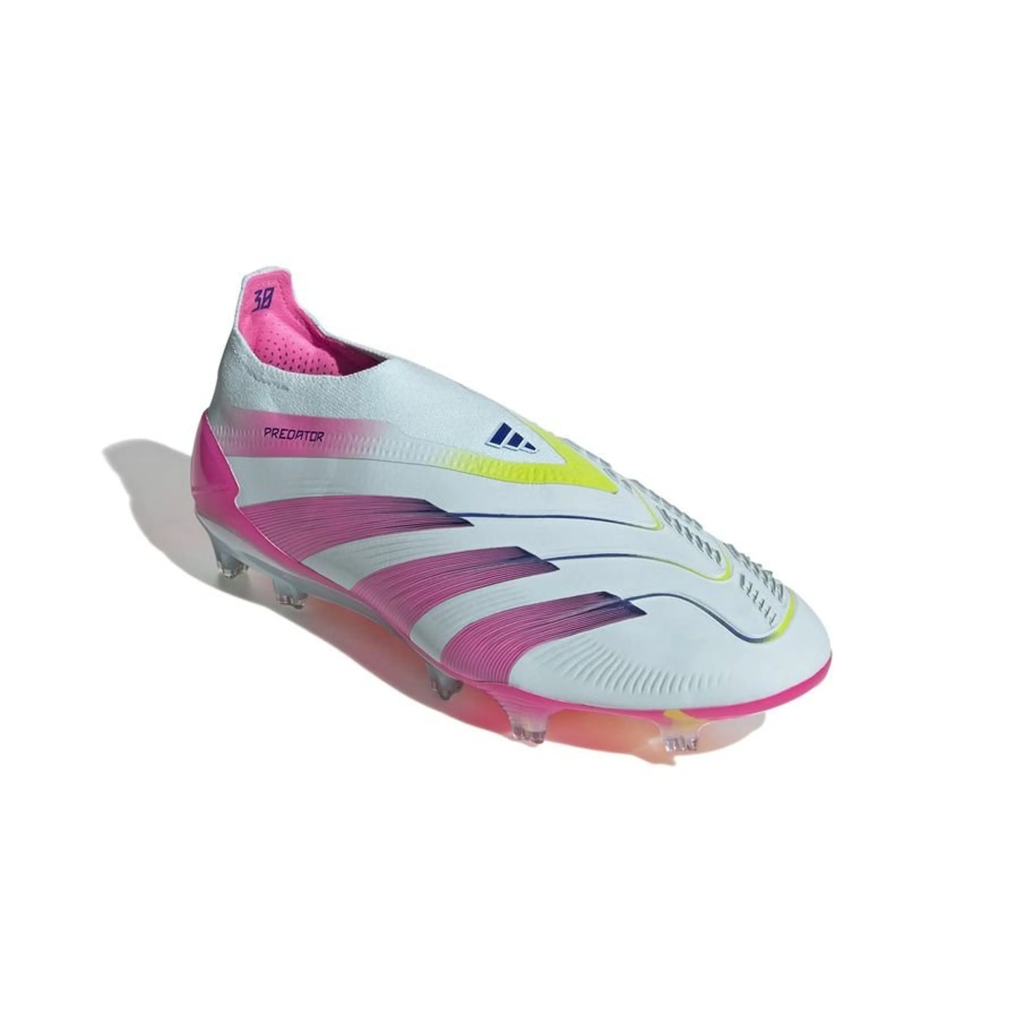 front view of the adidas Predator Elite Laceless FG "Stellar Icon" Pack in a White/Blue/Pink colorway