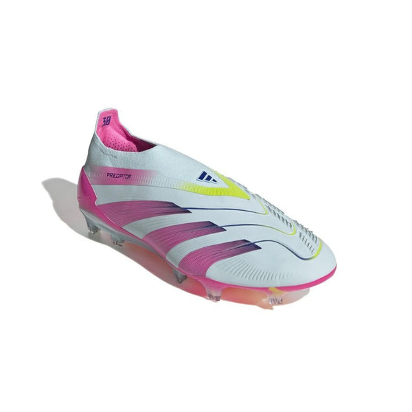 front view of the adidas Predator Elite Laceless FG "Stellar Icon" Pack in a White/Blue/Pink colorway