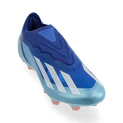 front view of the adidas X Crazyfast .1 Laceless FG "Marinerush" Pack in a Blue/White/Pink colorway