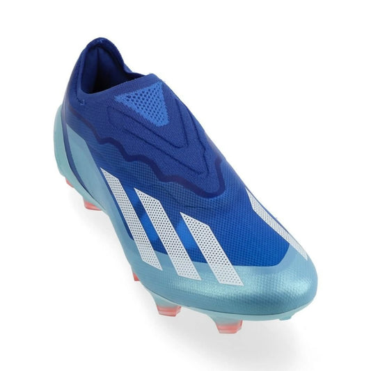 front view of the adidas X Crazyfast .1 Laceless FG "Marinerush" Pack in a Blue/White/Pink colorway