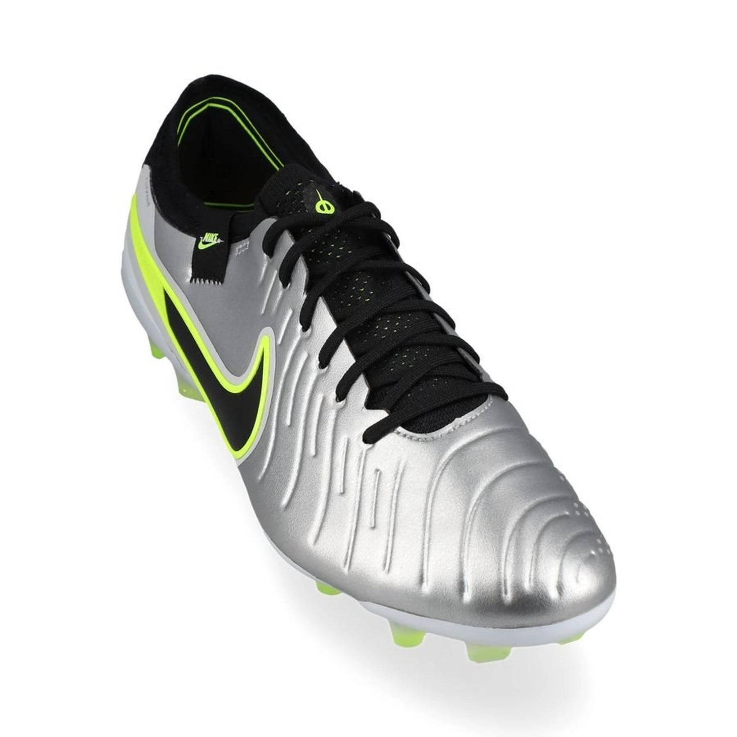 front view of the Nike Tiempo Legend 10 Elite FG "Mad Voltage" Pack in a Silver/Black/Neon colorway
