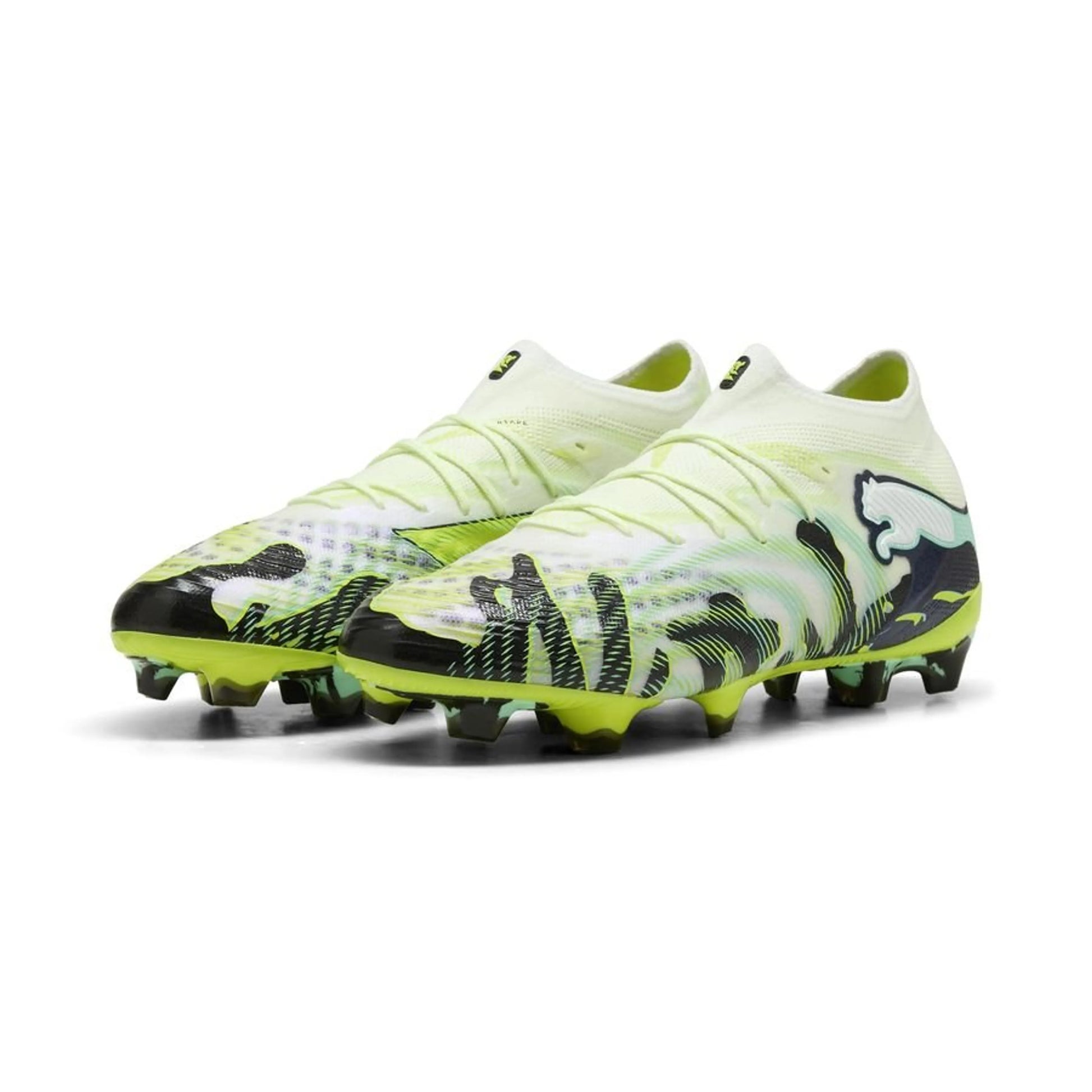 front view of the PUMA Future 9 Ultimate FG Creativity in Yellow/Mint /White/Black colorway