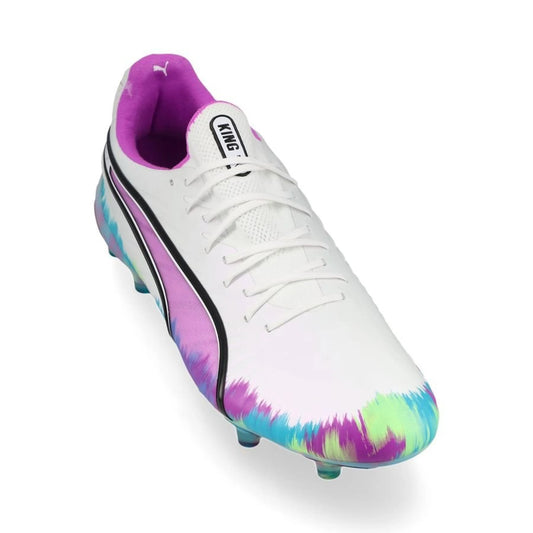 front view of the PUMA King Ultimate FG/AG Brilliance Pack in White/Purple/Green colorway