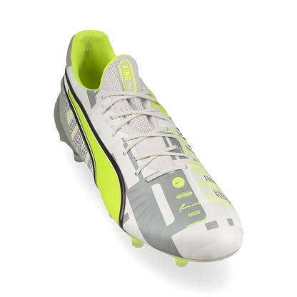 front view of the PUMA King Ultimate FG/AG "Forever" Pack in a Lime/Grey/White colorway