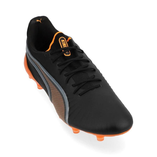 front view of the PUMA King Ultimate FG/AG Hot Pursuit Pack in Black/Fire/Silver colorway