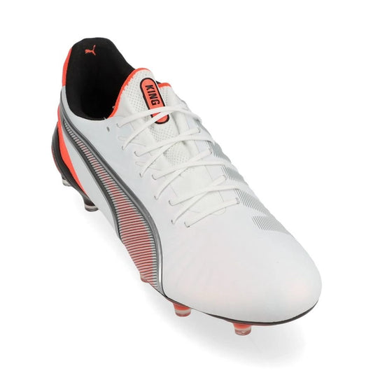 front view of the PUMA King Ultimate FG/AG Untamed Pack in White/Silver/Red/Black colorway