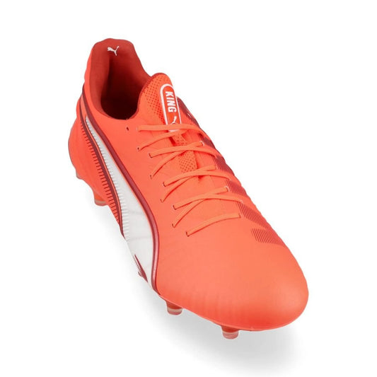 front view of the PUMA King Ultimate FG/AG football boots Unlimited Pack in Red/White colorway