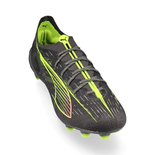 front view of the PUMA Ultra 5 Ultimate FG Audacity Pack in Silver/Yellow colorway