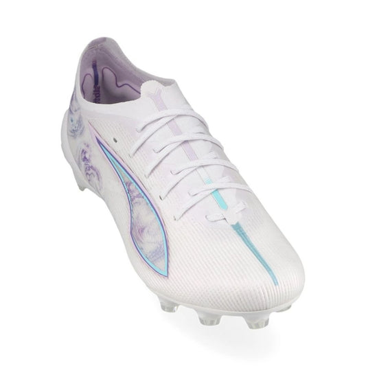 front view of the PUMA Ultra 5 Ultimate FG Brilliance Pack in White/Black/Lavender colorway