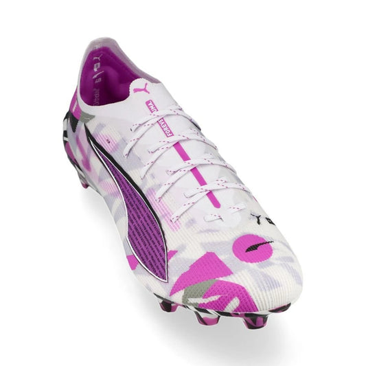 front view of the PUMA Ultra 5 Ultimate FG Forever Pack in White/Purple/Grey/Black colorway