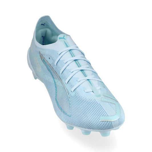 front view of the PUMA Ultra 5 Ultimate FG Light Up Pack in Blue/White/Aqua colorway