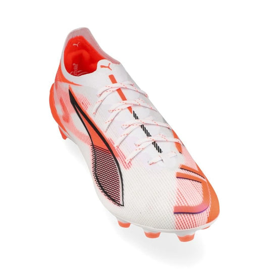 front view of the PUMA Ultra 5 Ultimate FG Unlimited Pack in White/Black/Red colorway