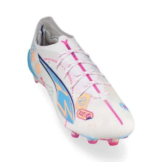 front view of the PUMA Ultra 5 Ultimate FG Volume Up Pack in White/Blue/Pink/Orange colorway