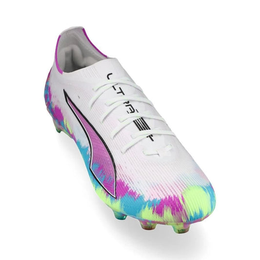 front view of the PUMA Ultra 6 Ultimate FG Brilliance Pack in White/Green/Purple colorway